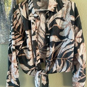 Rachel Zoe Black Shirt Jacket with Blush Floral Print ties in front